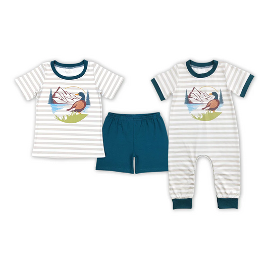 Baby Boy Short Sleeves Stripes Duck Sibling Hunting Romper Set