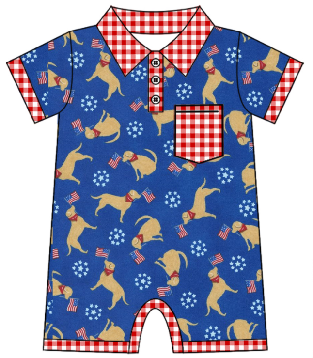 Baby Boy Girl July 4th Dog Sibling Matching Green Dress Romper Clothes Set ( Moq 5 Each style )