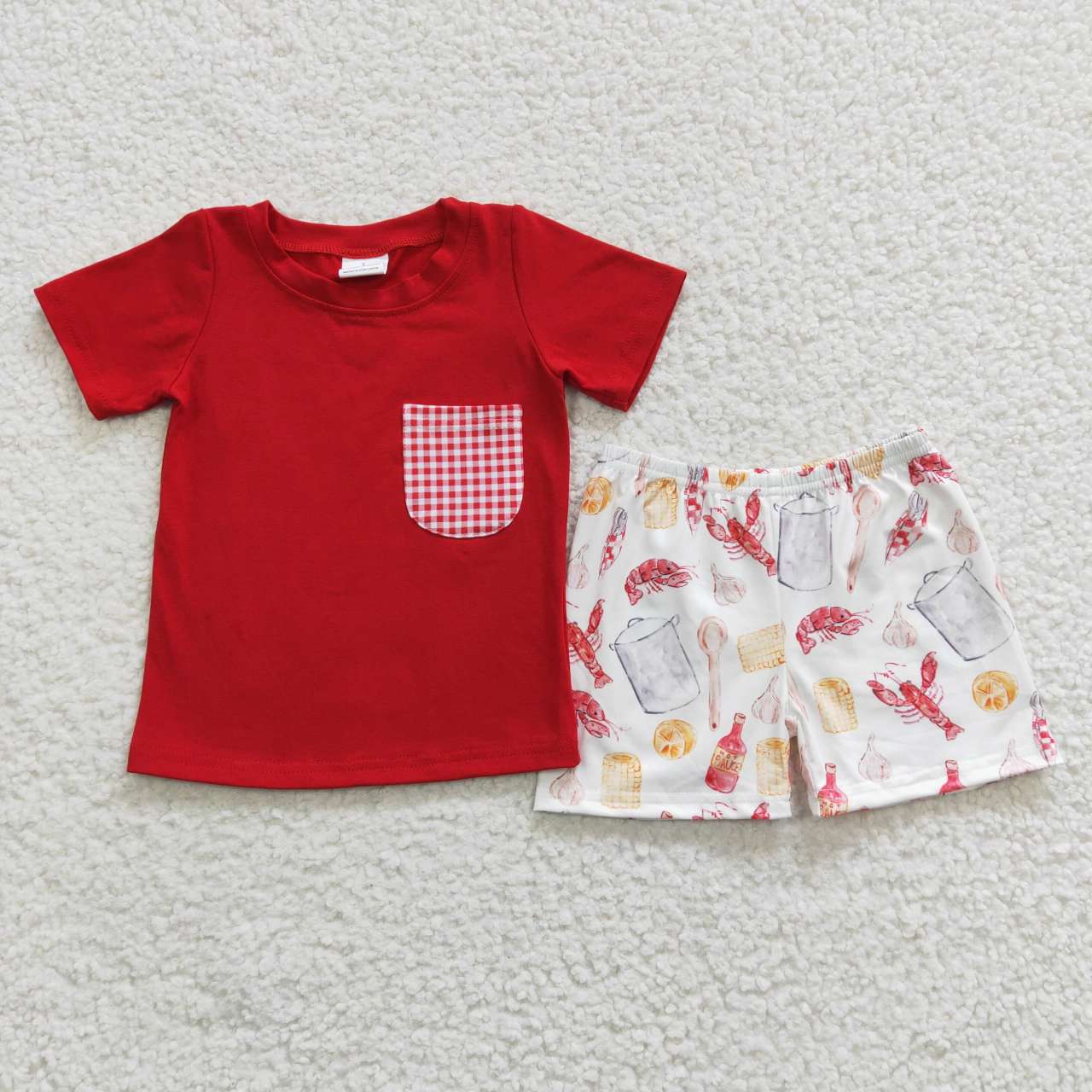 BSSO0250 Baby Boy Red Short Sleeves Pocket Cotton Shirt Crawfish Shorts Summer Outfit