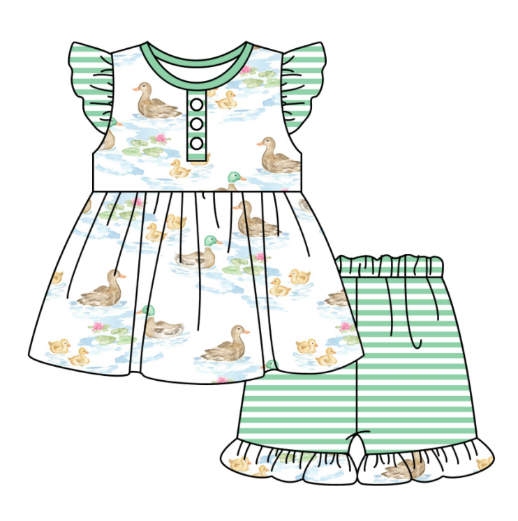 Baby Girl Short Sleeves Ducks Sibling Romper Dress Clothes Set ( Moq 5 Each Design )