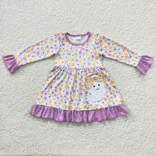 GLD0220 Baby Girl Halloween Embroidery Ghost Floral Purple Long Sleeves Dress