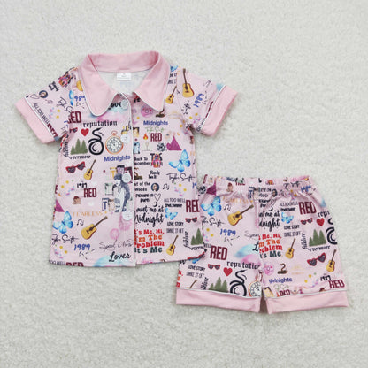 Baby Girl Short Sleeves Singer Buttons Shirt Shorts Pajamas Pink Set