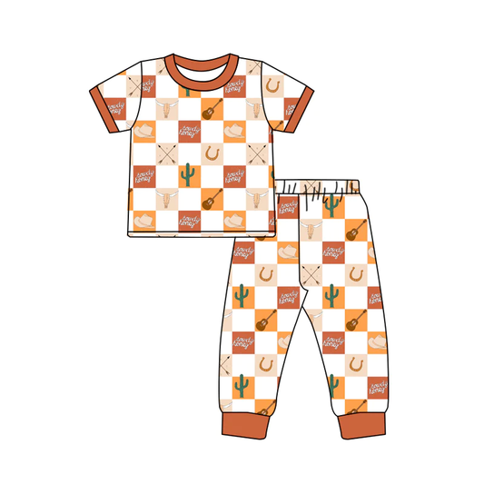 Moq 3 Pre-order BSPO0353 Baby Boy Short Sleeves Western Cow Cactus Shirt Pants Pajamas Set