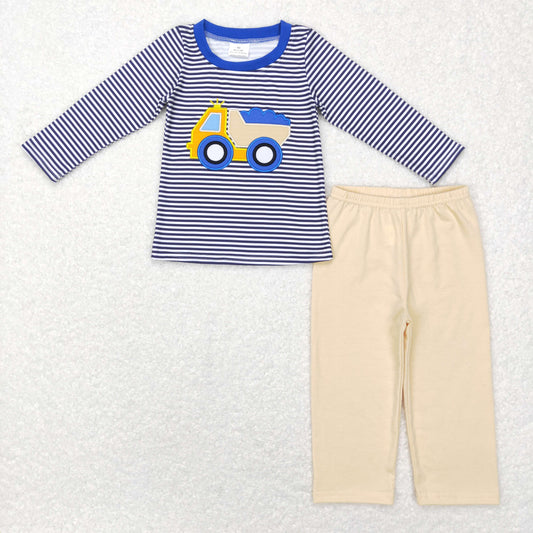 BLP0393 Baby Boy Embroidery Tractor Stripes Shirt Cotton Pants Set Pajamas