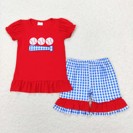 GSSO0428 Baby Girl Short Sleeves Embroidery Baseball Shirt Ruffle Plaid Shorts Summer Set