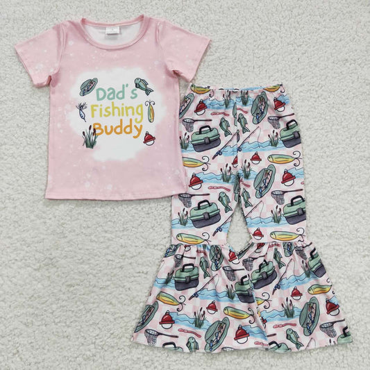 GSPO0672 Baby Girl Pink Short Sleeves Daddy Fishing Shirt Bell Pants Outfit