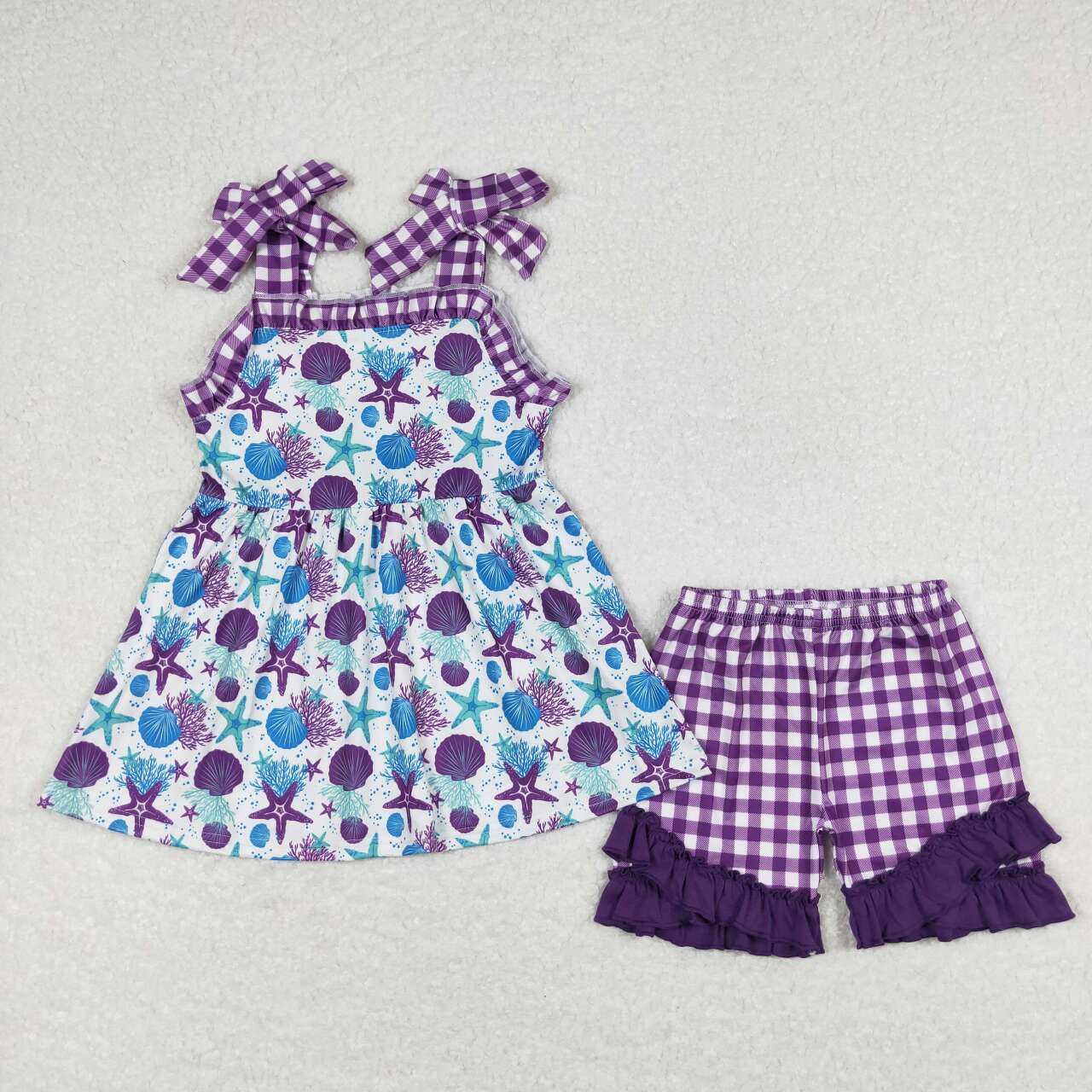 Baby Girl Sleeveless Starfish Tunic Purple Plaid Ruffle Shorts Summer Set