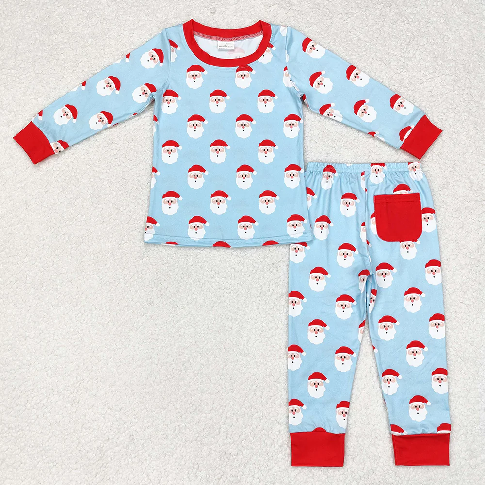 Baby Girl Christmas Santa Shirt Pants Pajamas Blue Set