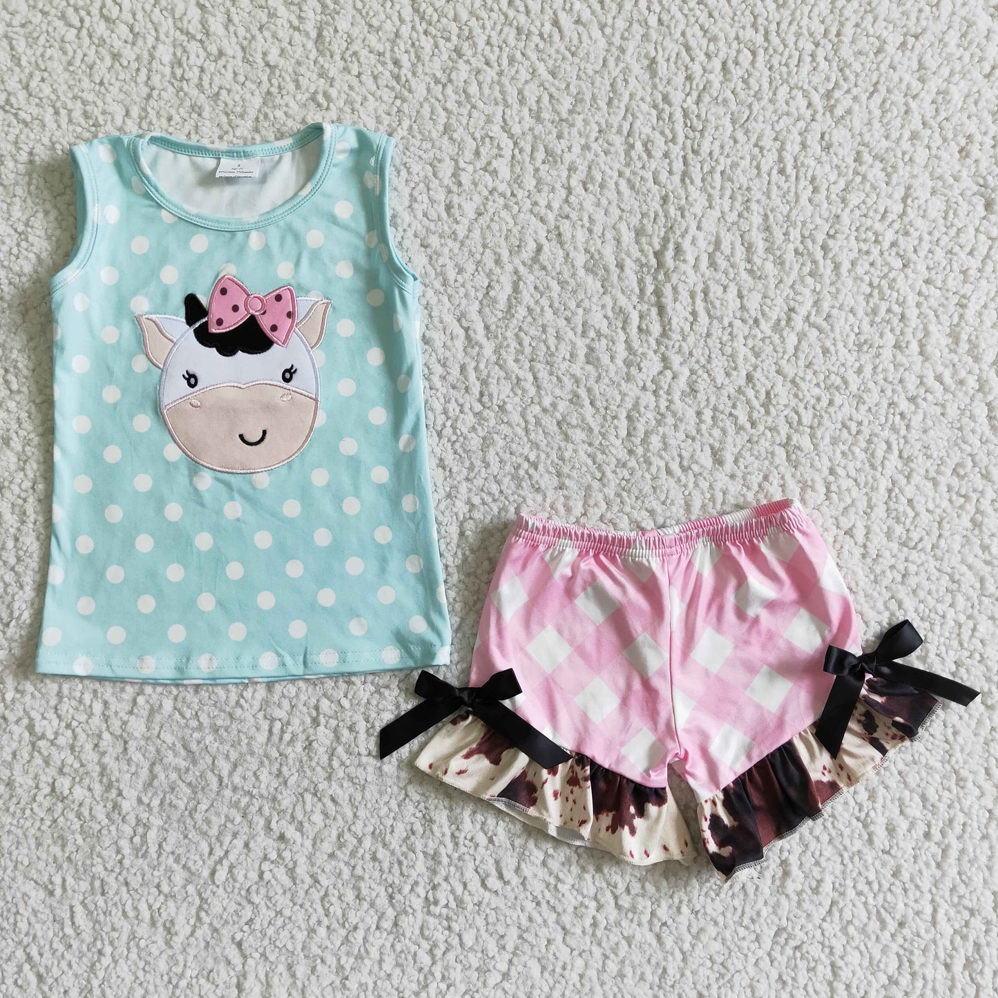 Promotion Baby Girl Embroidery Cow Shirt Pink Shorts Set