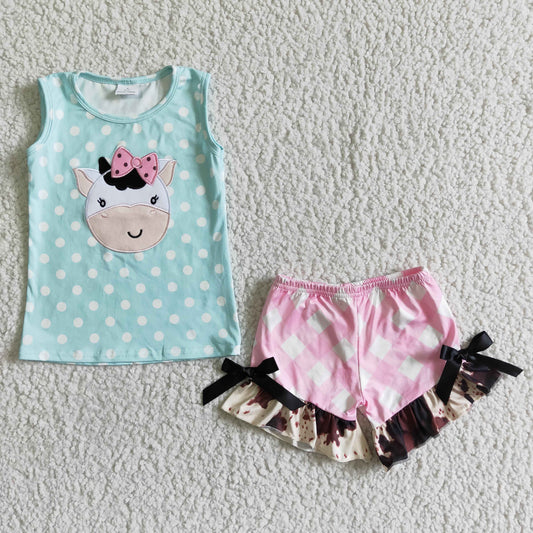 Promotion Baby Girl Embroidery Cow Shirt Pink Shorts Set