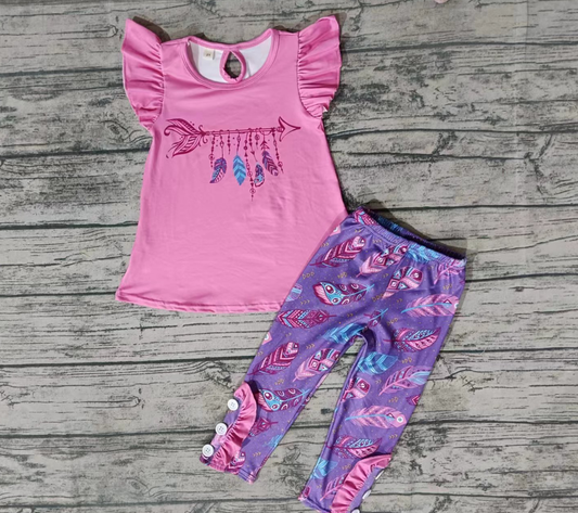 Baby Girl Short Sleeves Feather Purple Pants Outfit Moq 5