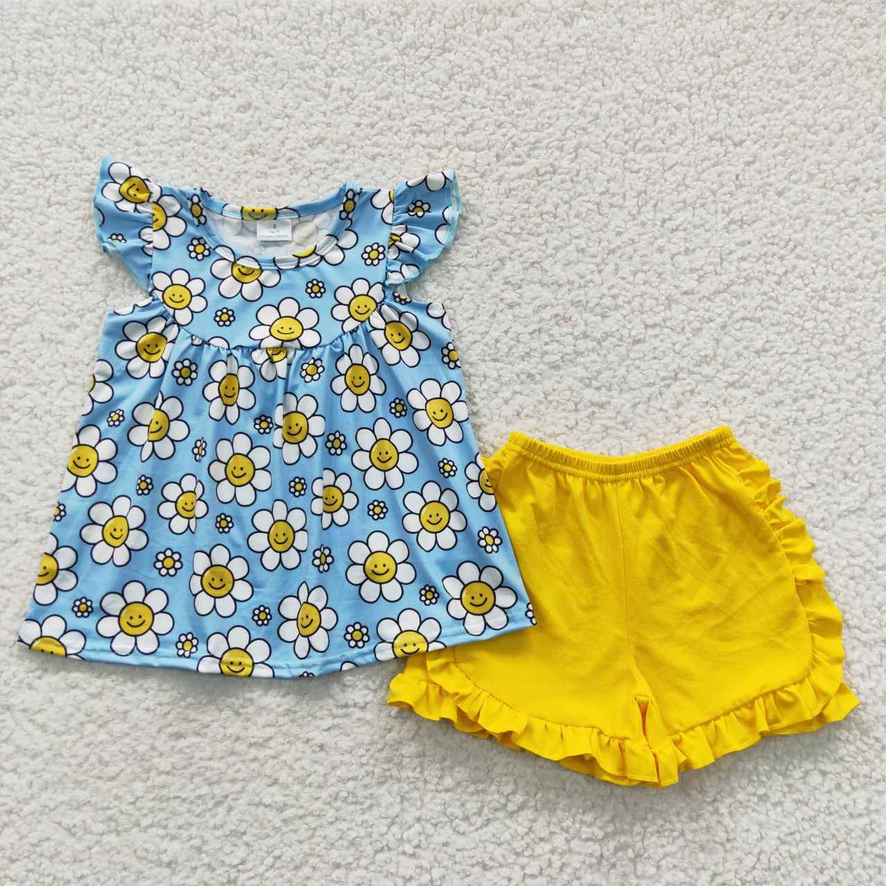 GSSO0318 Baby Girl Summer Short Sleves Face Floral Tunic Yellow Cotton Shorts Outfit