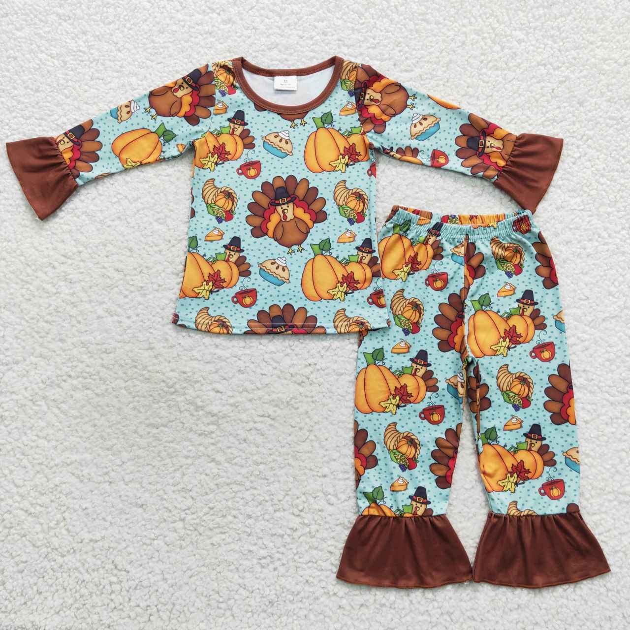 BLP0287 Baby Kids Long Sleeves turkey Pumpkin Pie Pants Thanksgiving Pajamas Outfit