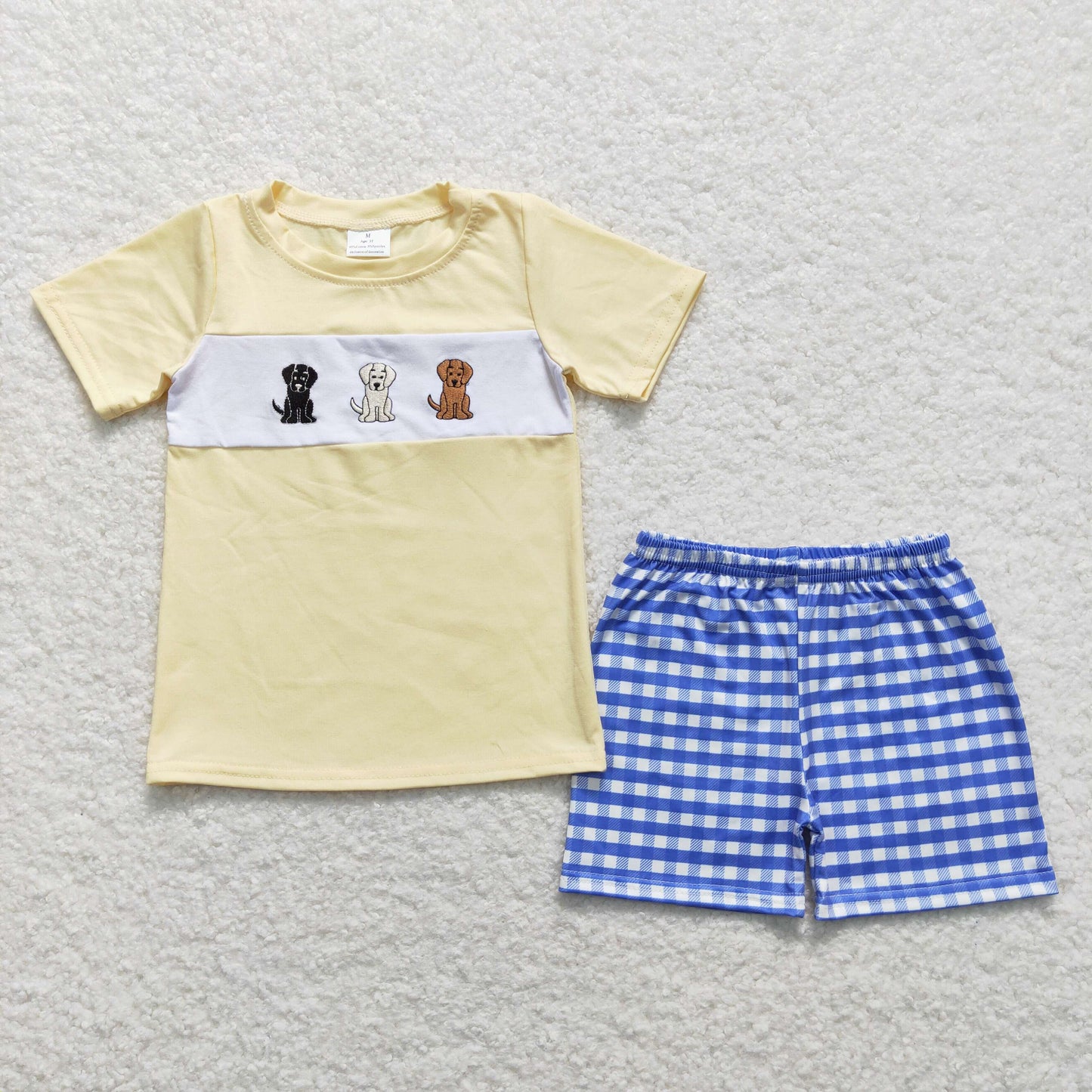 Baby Boy Yellow Short Sleeves Embroidery Dogs Shirt Plaid Shorts Set