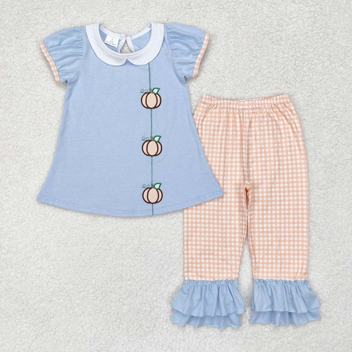 Baby Girl Short Sleeves Embroidery Pumpkin Blue Tops Plaid Pants Set