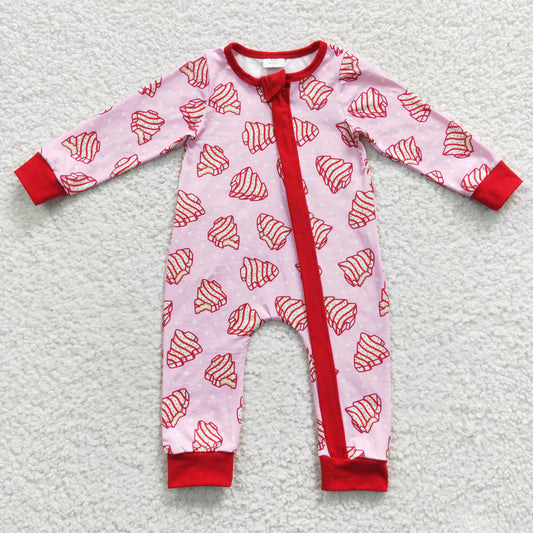 LR0340 Baby Girl Christmas Cake Long Sleeves Zip Pink One Piece Romper