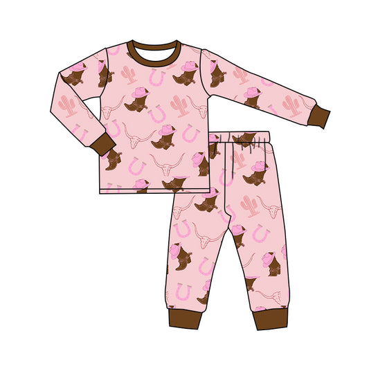 Baby Girl Toddler Long Sleeves Pink Hats Boots Shirt Bell Pants Pajamas Western Set