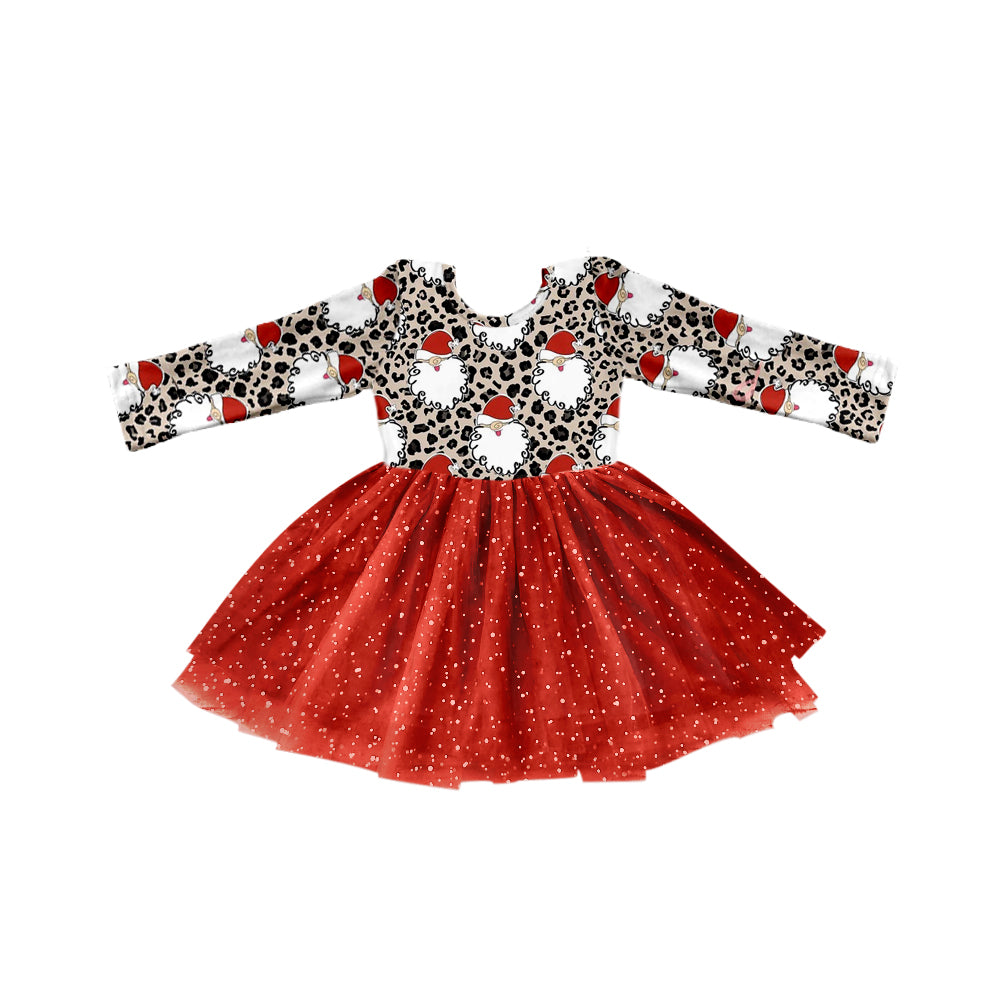 Baby Girl Long Sleeves Christmas Santa Leopard Red Tulle Dress