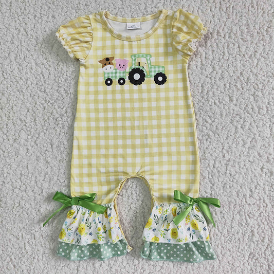 D13-11 Baby Girl Farm Cow Pig Tractor Plaid Romper