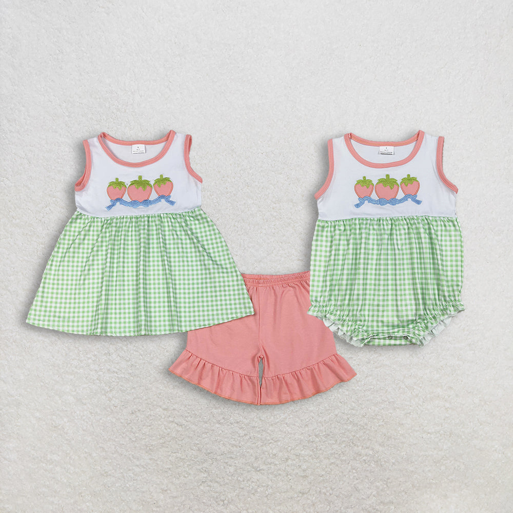 Sibling Baby Girls Sleeveless Embroidery Strawberry Bows Green Plaid Bubble Romper Set RTS
