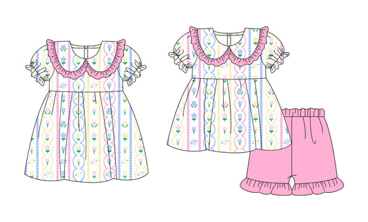 ( Moq 5 Each Style ) Baby Girls Kids Short Sleeves Flower Sibling Summer Dress Set