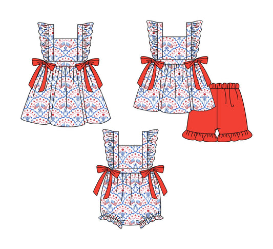 Baby Girl July 4th Flags Flower Sibling Dress Romper Set ( Moq 5 Each Style ) 1.6