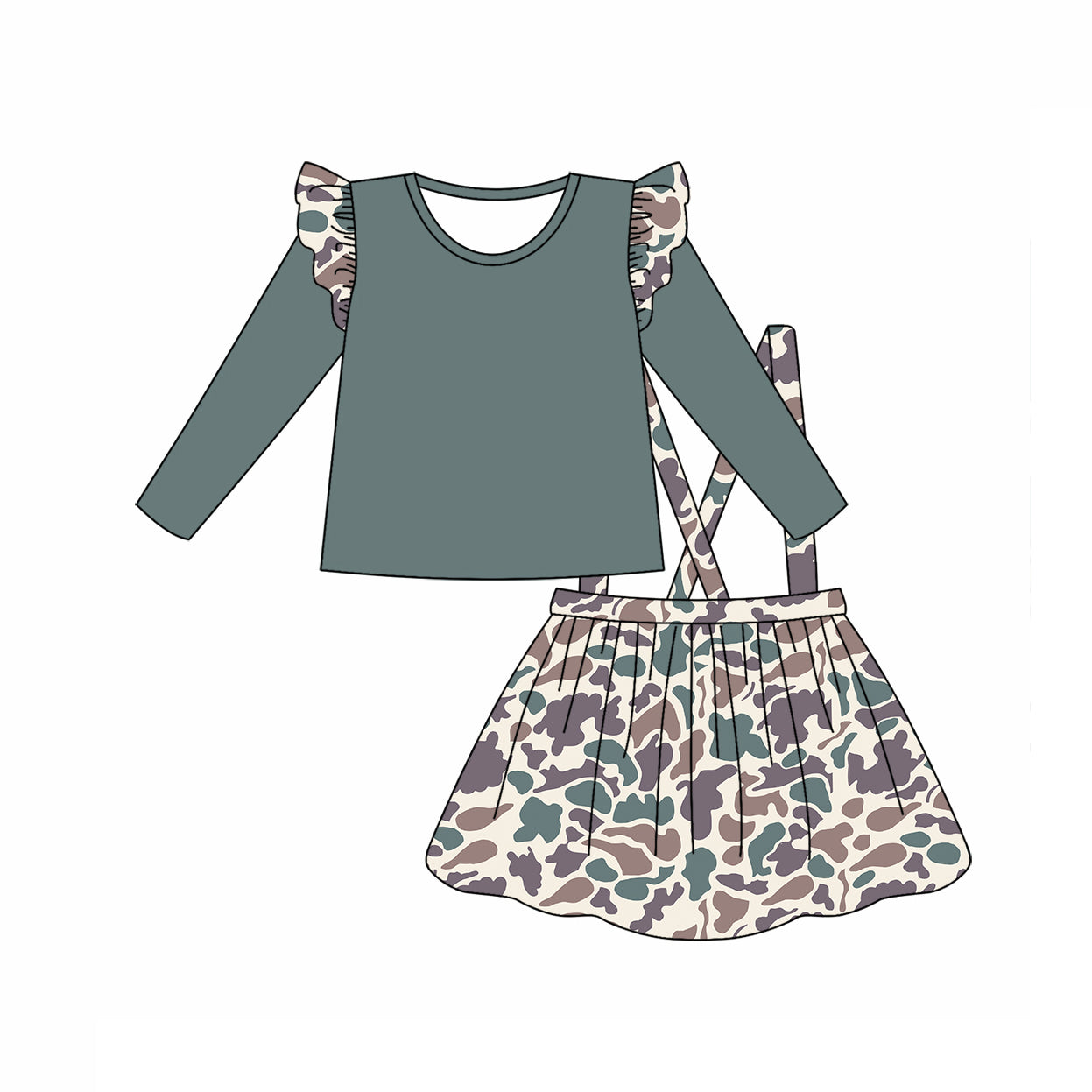 Baby Girl Cotton Green Top Grey Camo Suspender Skirt Clothes Set