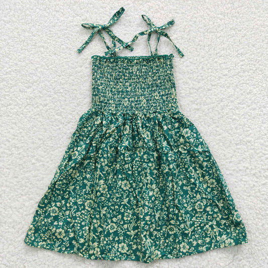 GSD0369 Baby Girl Summer Halter Sleeveless Elastic Smocked Floral Green Dress