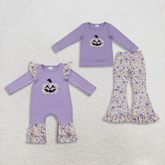 Sibling Baby Girls Kids Embroidery Pumpkins Flower Romper Set Halloween Purple Clothes RTS