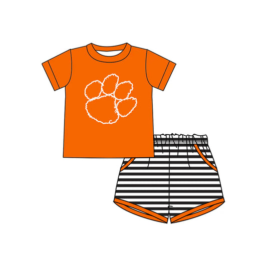 ( Moq 5 ) Baby Boys Short Sleeves Orange Shirt Stripes Pockets Shorts Team Clothes Set