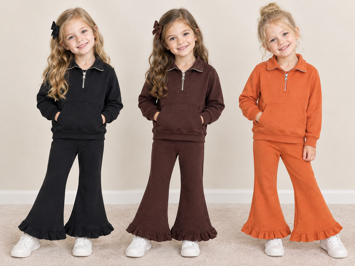 Sibling Baby Girls Kids Long Sleeves Zipper Shirts Pockets Pants Sets Sweatsuit‌ Cotton Clothes RTS