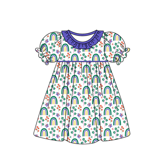 Baby Girl Short Sleeves Rainbow Flower Mardi Gras Knee Length Dress Moq 5