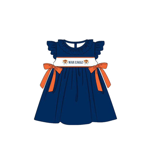 Baby Girl Short Sleeves Team Tiger Bows Knee Length Dress Moq 5