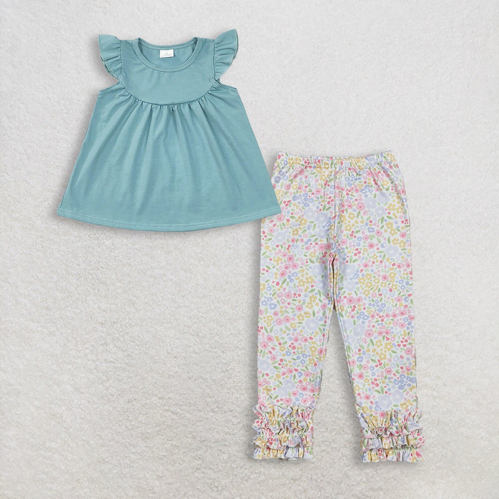 Baby Girl Kids Short Sleeves Cotton Green Tops Floral Ruffle Pants Set Clothes RTS