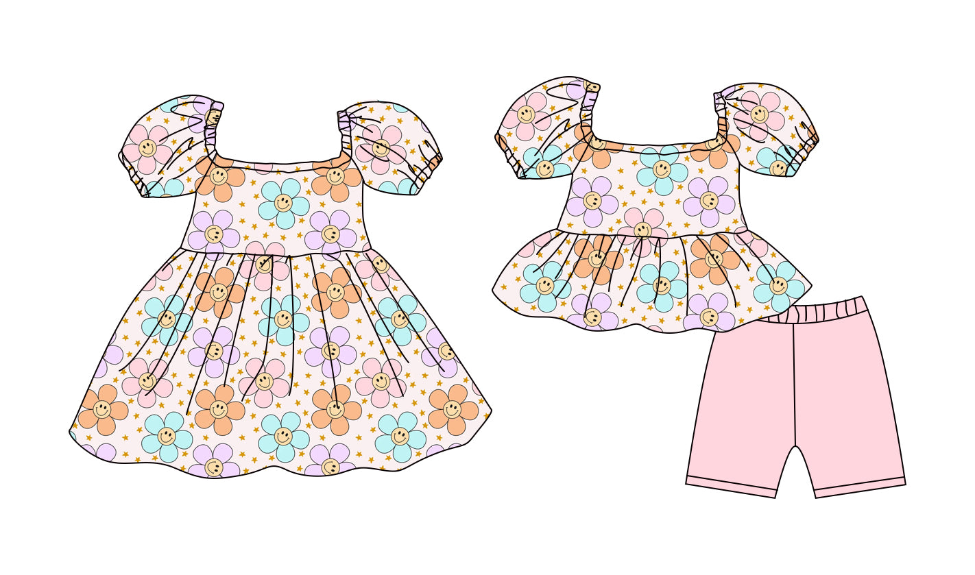 ( Moq 5 Each Style ) Baby Girls Kids Short Sleeves Flower Sibling Summer Dress Set