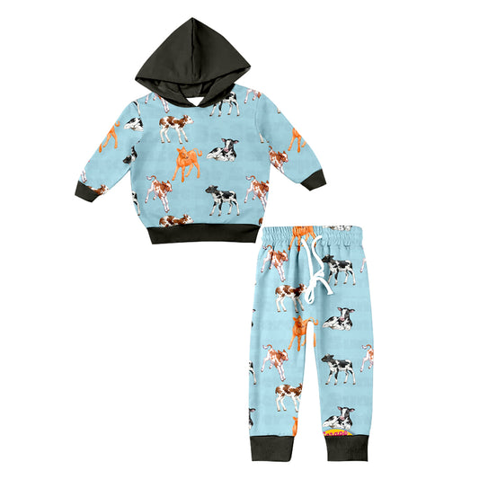 Baby Boy Long Sleeves Cow Hoodie Shirt Pants Western Blue Set