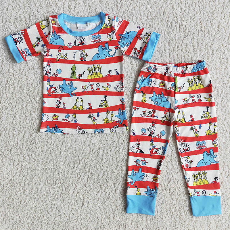 E5-11 Baby Girl Short Sleeves Dr Reading Shirt Stripes Pants Pajamas Set