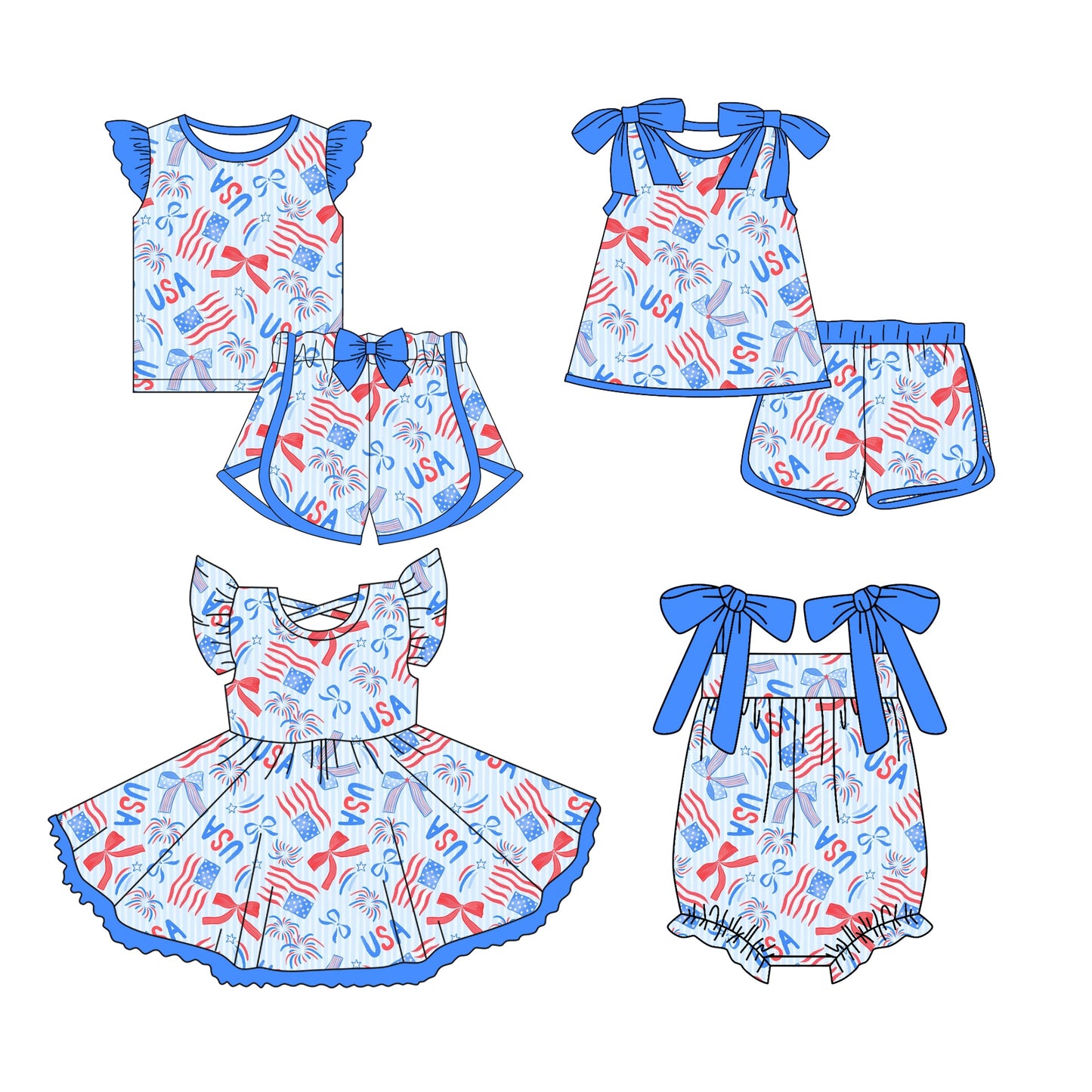 Baby Girl 4th Of July Flags Bows Sibling Romper Dress Set ( Moq 5 Each Style ) 3.13