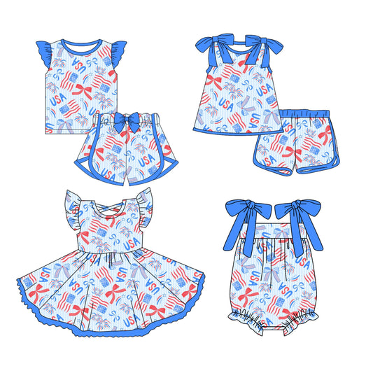 Baby Girl 4th Of July Flags Bows Sibling Romper Dress Set ( Moq 5 Each Style ) 3.13