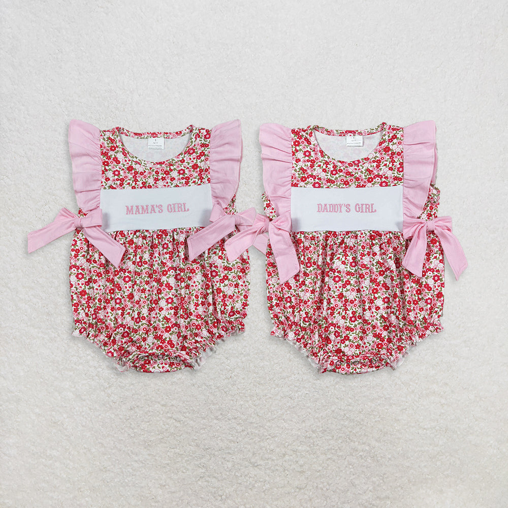 Sibling Baby Girls Infant Embroidery Mama's Daddy's Floral Pink Bows Bubble Rompers RTS