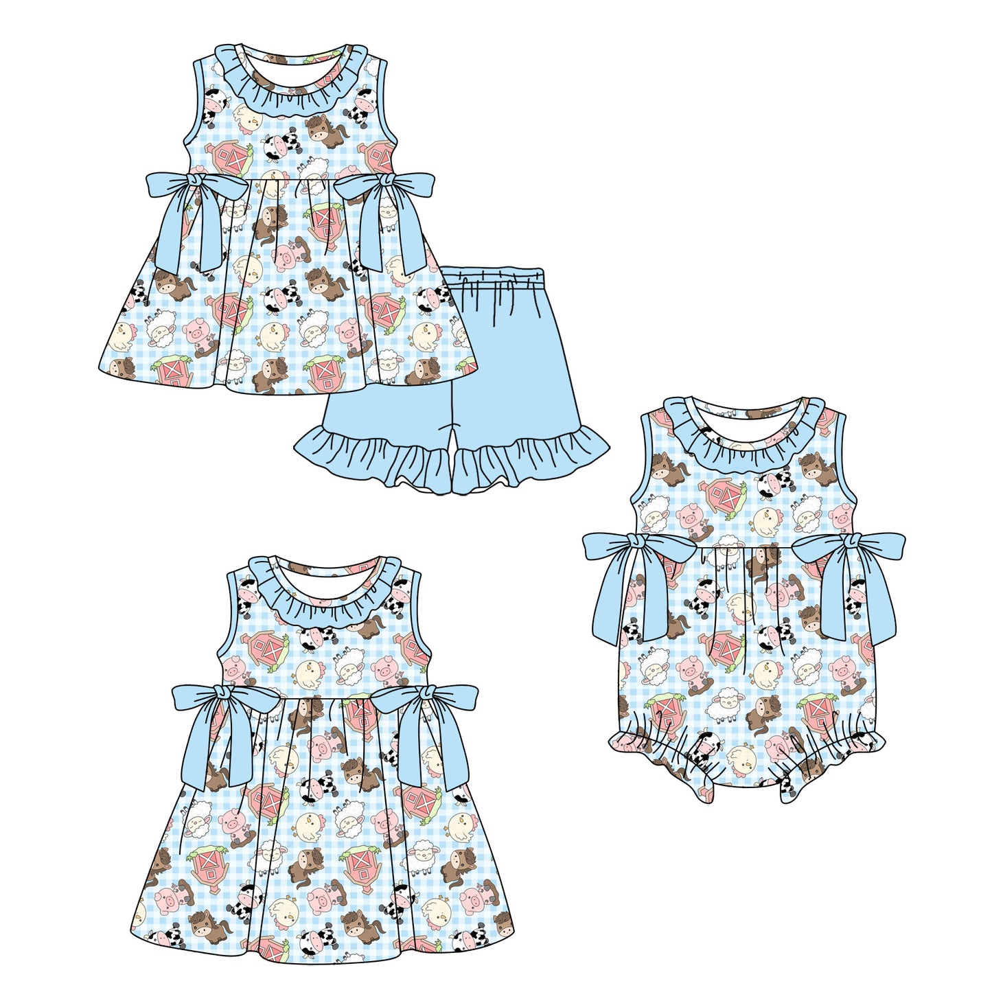 ( Moq 5 Each Style ) Sibling Baby Girls Kids Blue Bows Farm Animals Romper Dress Set Summer Clothes