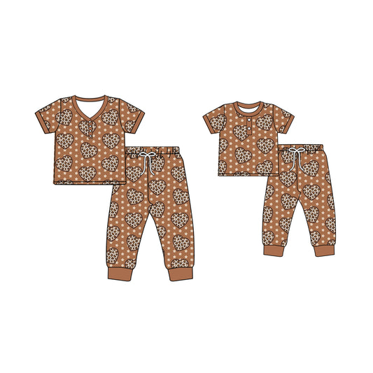Baby Kids Toddler Toddler Adult Long Sleeves Leopard Hearts Pants Sibling Family Pajamas Set ( Moq 5 Each Style ) 12.3