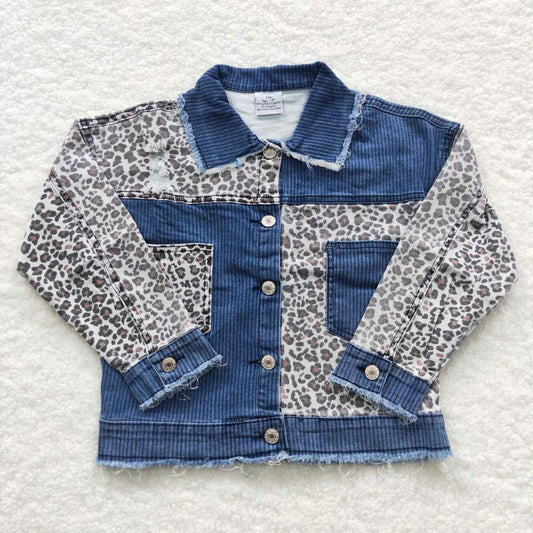 6 A5-14 Baby Girl Long Sleeve Leopard Denim Jacket Coat