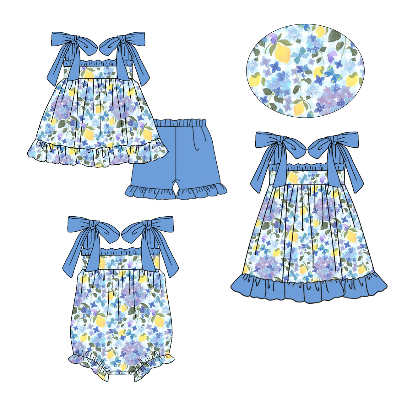 Baby Girl Short Sleeves Lemon Flower Sibling Romper Dress Set ( Moq 5 Each Style ) 12.19