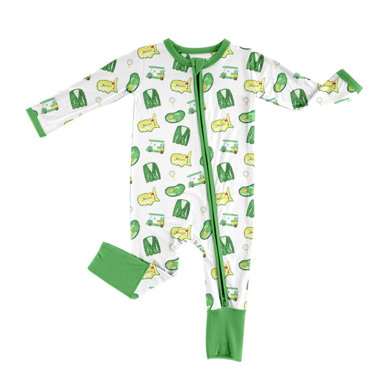 Baby Girl Long Sleeves Golf Green Zipper Ruffle Romper