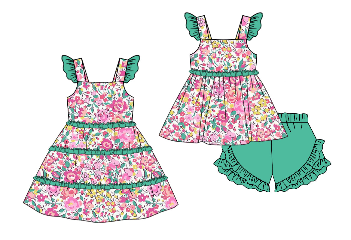 Baby Girl Short Sleeves Flower Sibling Matching Dress Green Clothes Set Moq 5 Each Design