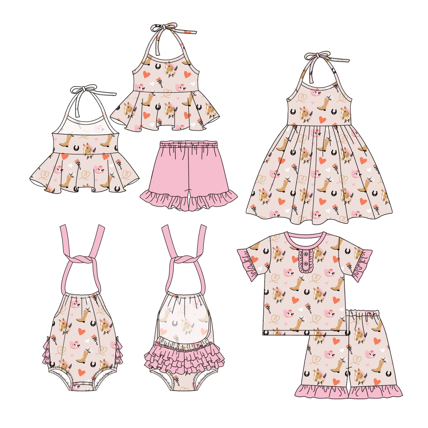 Baby Girl Western Western Horse Boots Sibling Romper Dress Set ( Moq 5 Each Style ) 3.4