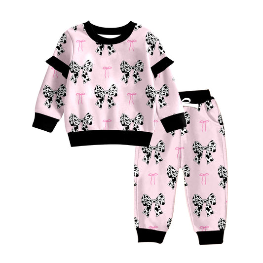 Baby Girl Long Sleeves Cow Print Bows Ruffle Shirt Pants Western Set