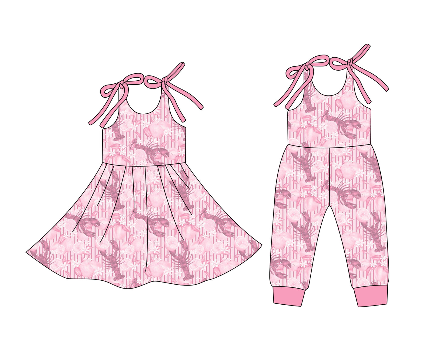 ( Moq 5 Each Style ) Baby Girls Kids Stripes Crayfish Flower Sibling Summer Romper Dress