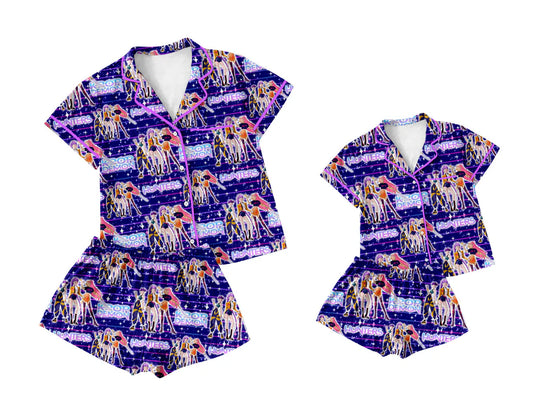 ( Moq 5 Each Style ) Baby Girl Adult Women Buttons Music Purple Shirt Shorts Sibling Mommy And Me Family Pajamas Sets